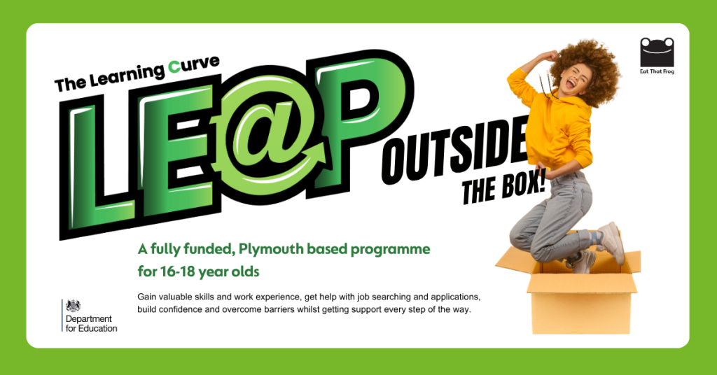 Promotional banner for 'Leap Outside the Box' program for 16–18 year olds; a person in a yellow hoodie leaps from a cardboard box on a white background with green accents and logos (Dept for Education, Eat That Frog).